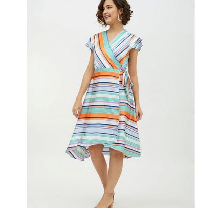 Women's Satin Striped Short Sleeve Knee-Length Dress (Multicolor)