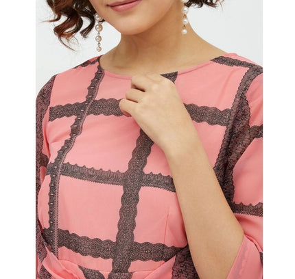 Women's Polyester Checkered 3-4th Sleeves Below Knee Dress (Pink)