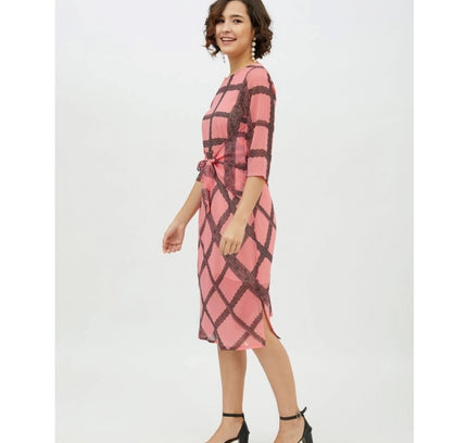 Women's Polyester Checkered 3-4th Sleeves Below Knee Dress (Pink)
