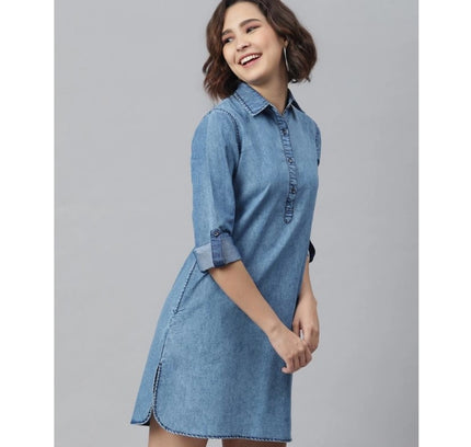 Women's Denim Solid Long Sleeves Above Knee Dress (Ice Blue)