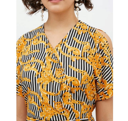 Women's Polyester Printed Half Sleeve Long Jumpsuit (Yellow)