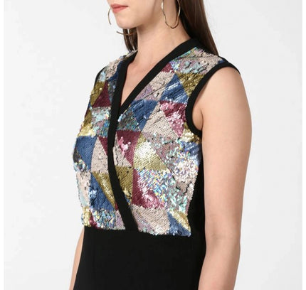 Women's Polyester Embellished Sleeveless Jumpsuit (Black)