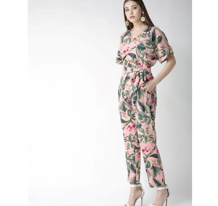 Women's Polyester Floral Half Sleeve Jumpsuit (Pink)