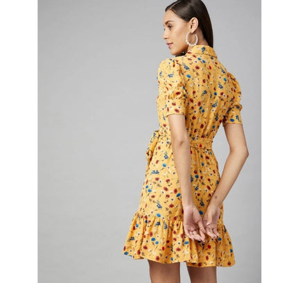 Women's Polyester Floral Short Sleeve Above Knee Dress (Yellow)
