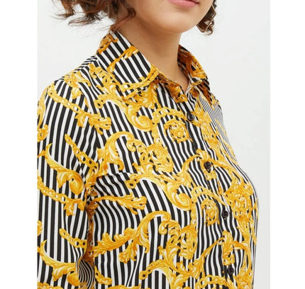 Women's Polyester Printed Roll Up Sleeve Standard Length Shirt (Mustared)