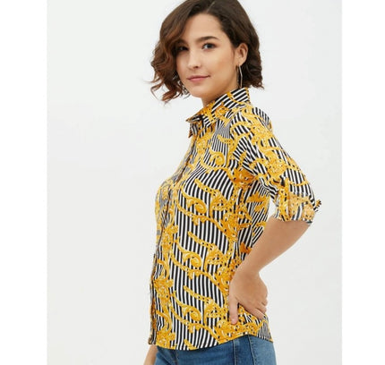Women's Polyester Printed Roll Up Sleeve Standard Length Shirt (Mustared)
