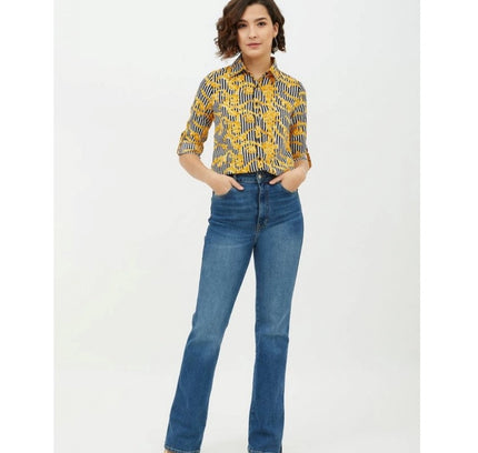 Women's Polyester Printed Roll Up Sleeve Standard Length Shirt (Mustared)