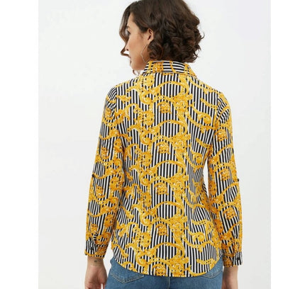 Women's Polyester Printed Roll Up Sleeve Standard Length Shirt (Mustared)