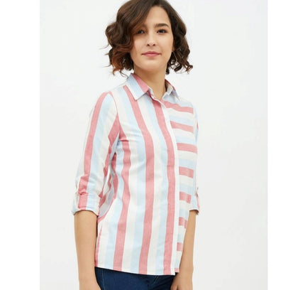 Women's Cotton Striped Long Sleeves Standard Length Shirt (Pink)