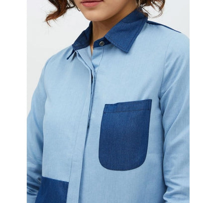 Women's Denim Patch Work Long Sleeves Standard Length Shirt (Blue)