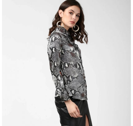 Women's Satin Animal Print Long Sleeves Standard Length Shirt (Black - Grey)