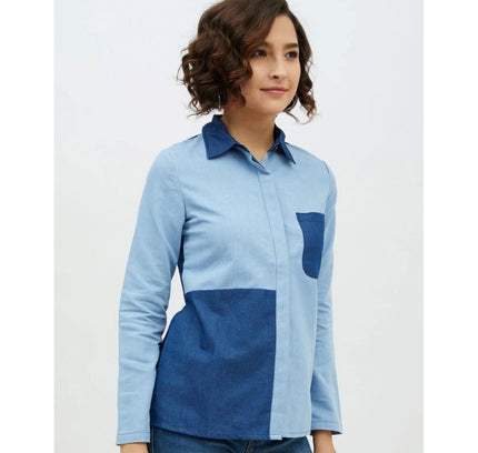 Women's Denim Patch Work Long Sleeves Standard Length Shirt (Blue)