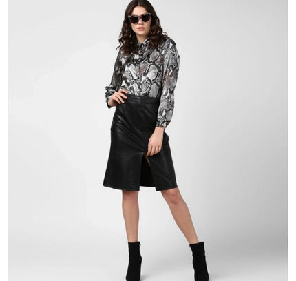 Women's Satin Animal Print Long Sleeves Standard Length Shirt (Black - Grey)