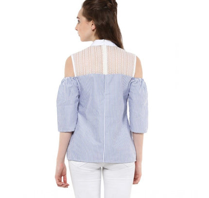 Women's Cotton Striped Cold Shoulder Top (Blue)