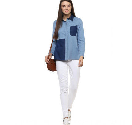 Women's Denim Patch Work Long Sleeves Regular Top (Blue)