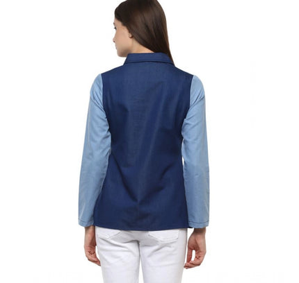 Women's Denim Patch Work Long Sleeves Regular Top (Blue)