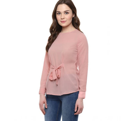Women's Polyester Solid Long Sleeves Regular Top (Pink)