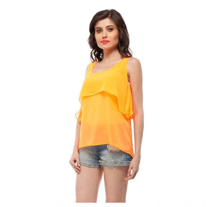 Women's Polyester Solid Sleeveless Regular Top (Orange)