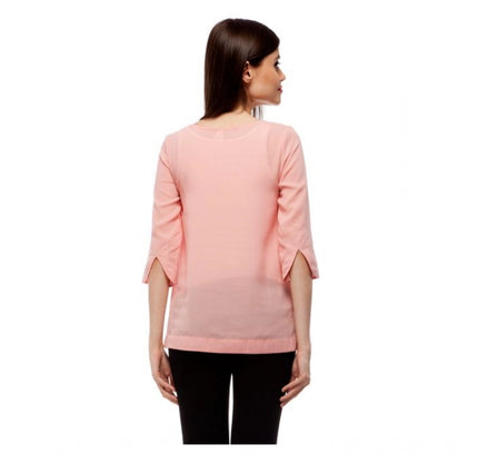 Women's Polyester Solid 3-4th Sleeves Regular Top (Peach)