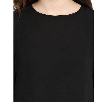 Women's Polyester Georgette Self Design Bell Sleeve Regular Top (Black)