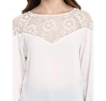 Women's Polyester Georgette Self Design 3-4th Sleeves Regular Top (White)