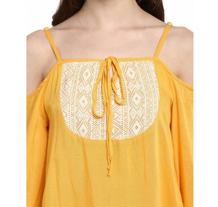 Women's Rayon Embellished Cold Shoulder Regular Top (Mustard Yellow)