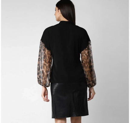 Women's Polyester Animal Print Long Sleeves Top (Black)