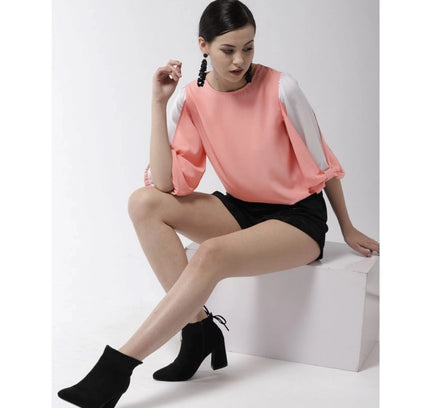 Women's Polyester Colour Block Slit Sleeve Top (Pink)