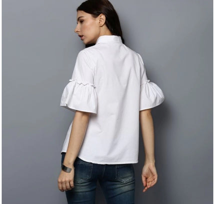 Women's Cotton Solid Bell Sleeve Top (White)