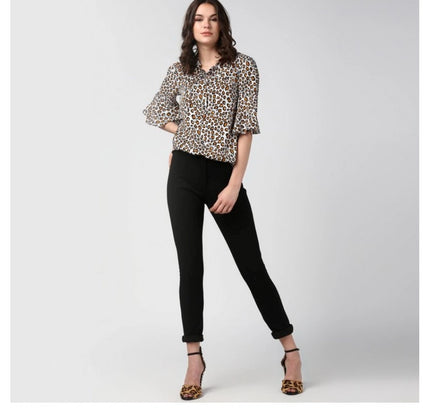 Women's Polyester Animal Print Bell Sleeve Top (Orange - Black)