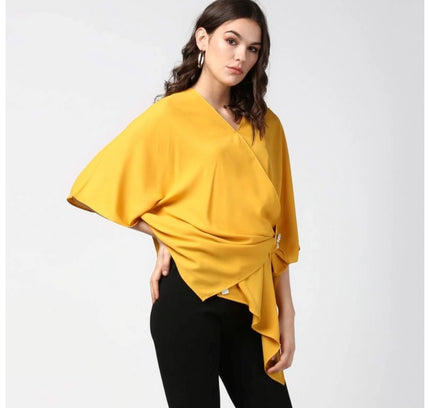 Women's Polyester Solid Cape Sleeve Top (Yellow)
