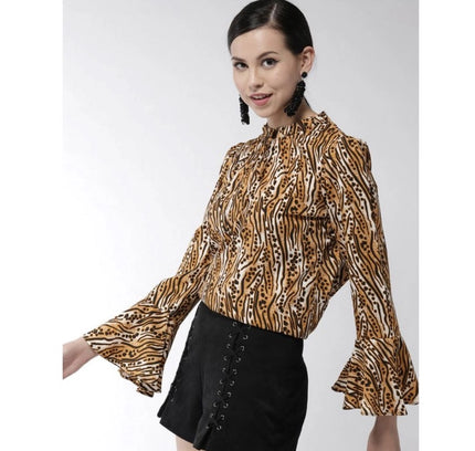Women's Polyester Printed Bell Sleeve Top (Orange - Black)