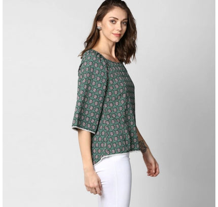 Women's Polyester Printed 3-4th Sleeves Top (Green)