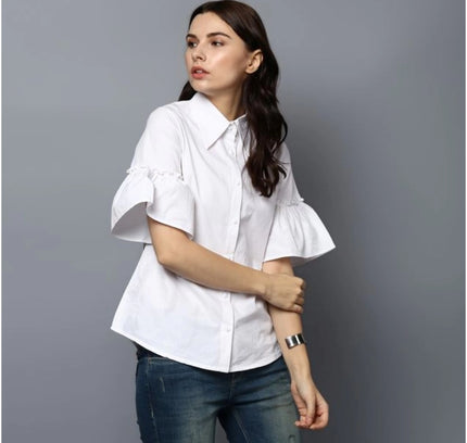 Women's Cotton Solid Bell Sleeve Top (White)