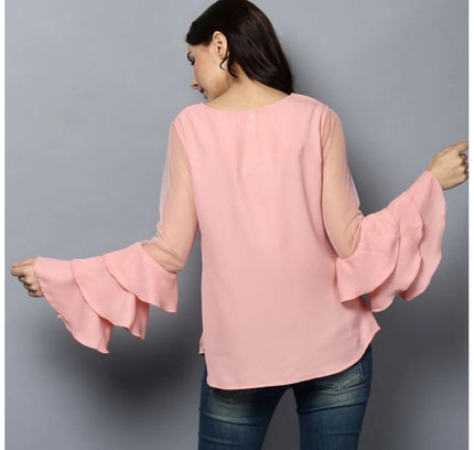 Women's Polyester Solid Tier Sleeve Top (Pink)