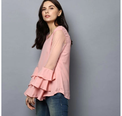 Women's Polyester Solid Tier Sleeve Top (Pink)