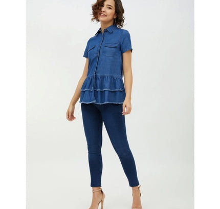 Women's Denim Peplum Short Sleeve Top (Blue)