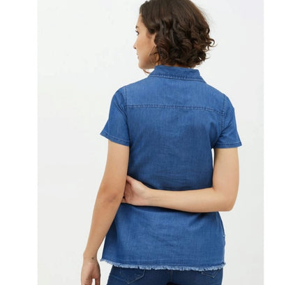 Women's Denim Peplum Short Sleeve Top (Blue)