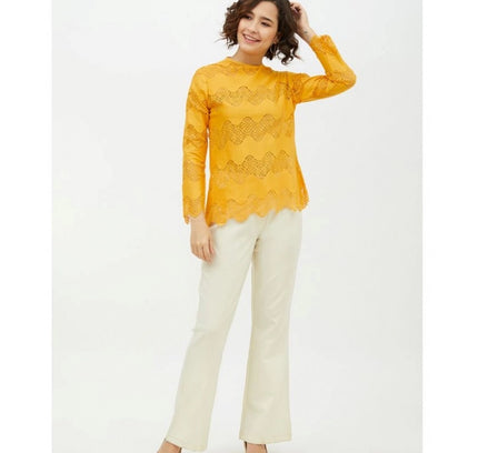 Women's Cotton Lace Inserts Long Sleeves Top (Yellow)