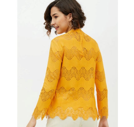 Women's Cotton Lace Inserts Long Sleeves Top (Yellow)