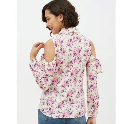 Women's Polyester Floral Cold Shoulder Standard Length Shirt (White)