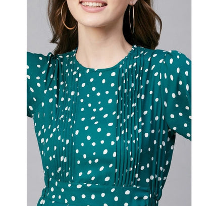 Women's Polyester Polka Long Sleeves Above Knee Dress (Green - White)