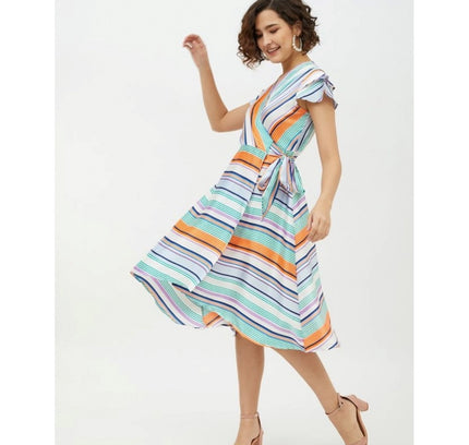 Women's Satin Striped Short Sleeve Knee-Length Dress (Multicolor)