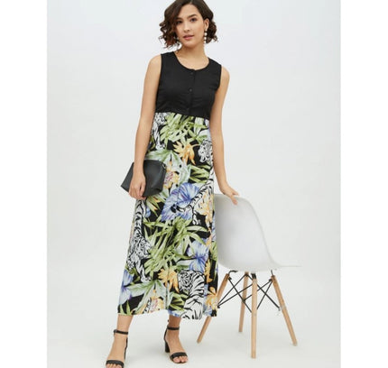 Women's Rayon Floral Sleeveless Calf-length Dress (Multicolor)