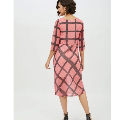 Women's Polyester Checkered 3-4th Sleeves Below Knee Dress (Pink)