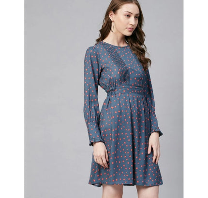Women's Polyester Polka Long Sleeves Above Knee Dress (Grey - Coral)