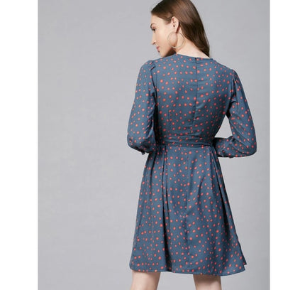 Women's Polyester Polka Long Sleeves Above Knee Dress (Grey - Coral)