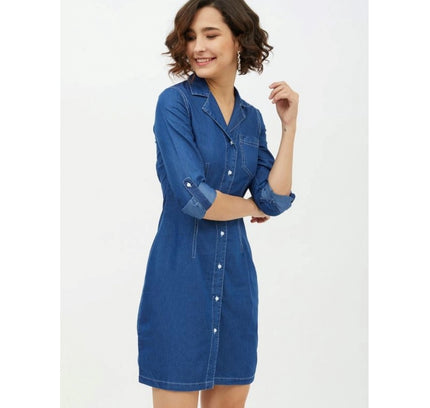 Women's Denim Solid Long Sleeves Above Knee Dress (Blue)