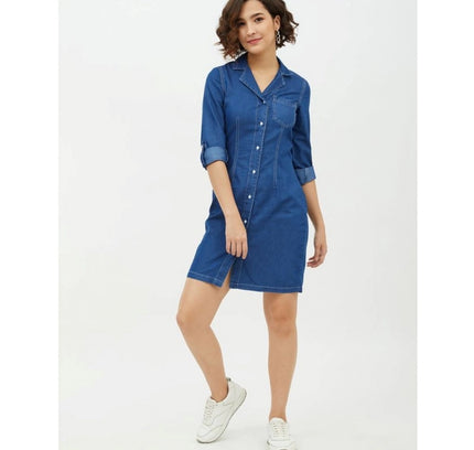 Women's Denim Solid Long Sleeves Above Knee Dress (Blue)