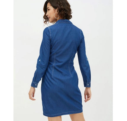 Women's Denim Solid Long Sleeves Above Knee Dress (Blue)